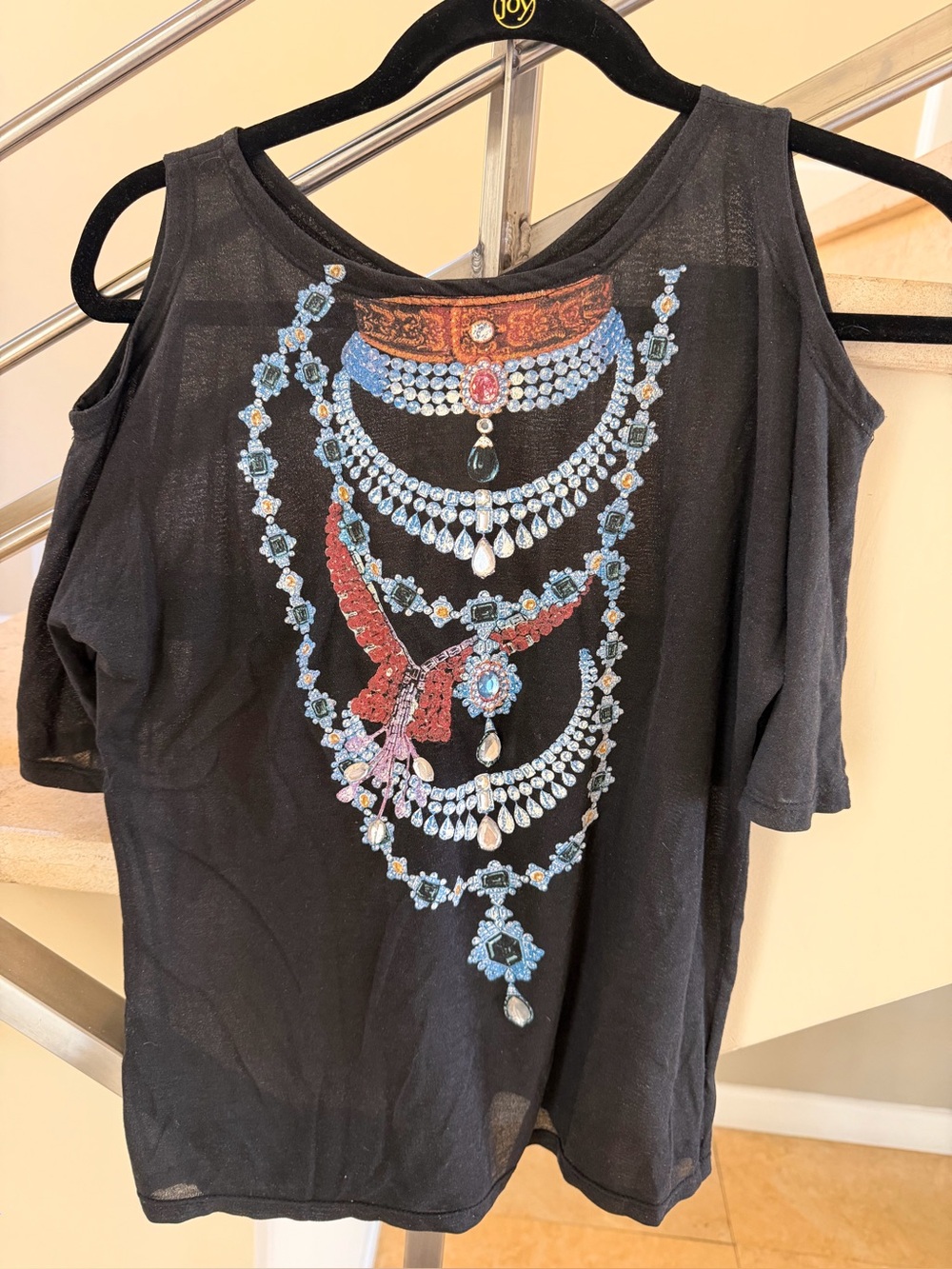 Vintage Just Cavalli Black Cold-Shoulder Tank with Jewel Necklace Print